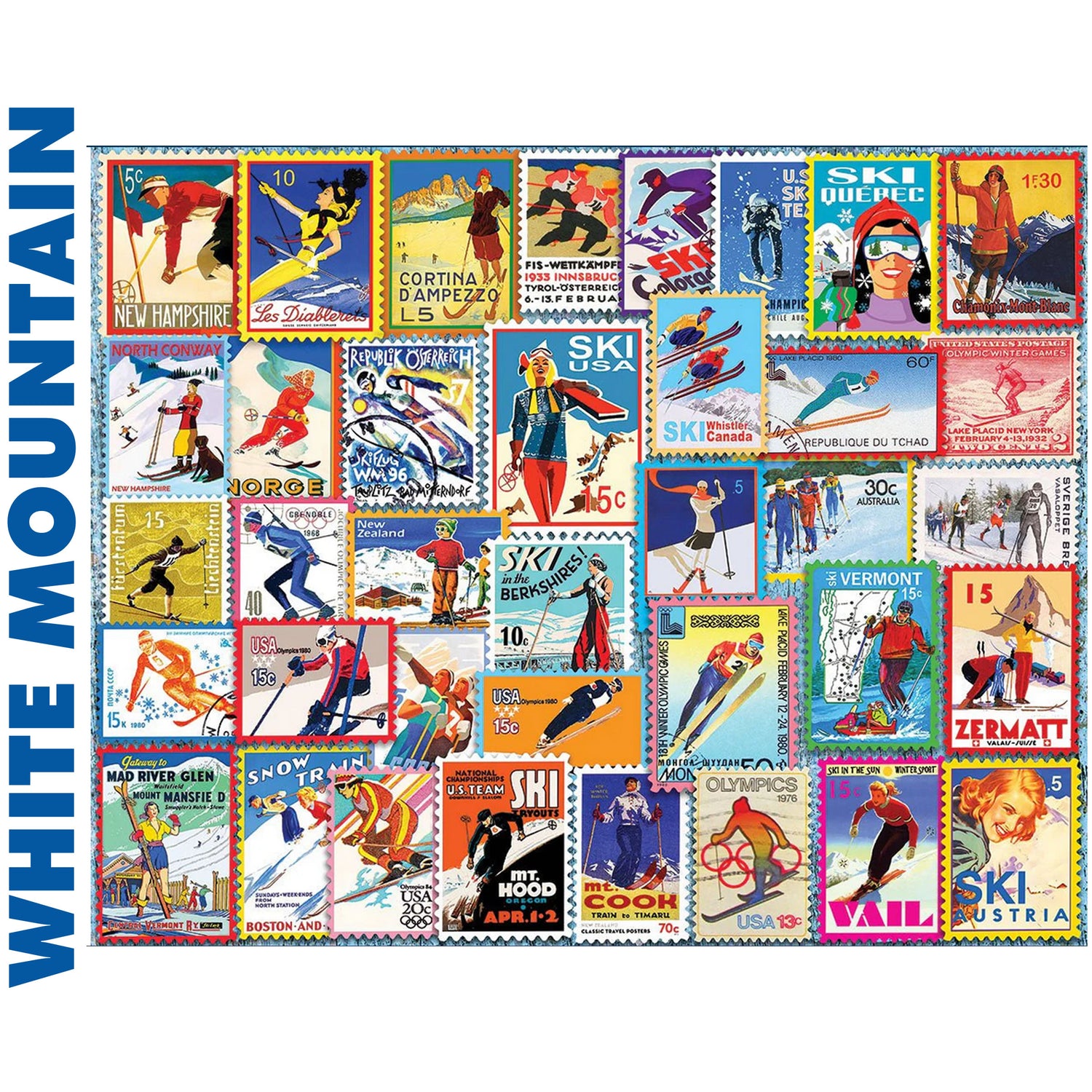 SKI STAMPS 1000 pc super deluxe Jigsaw Puzzle WHITE MOUNTAIN 1915pz