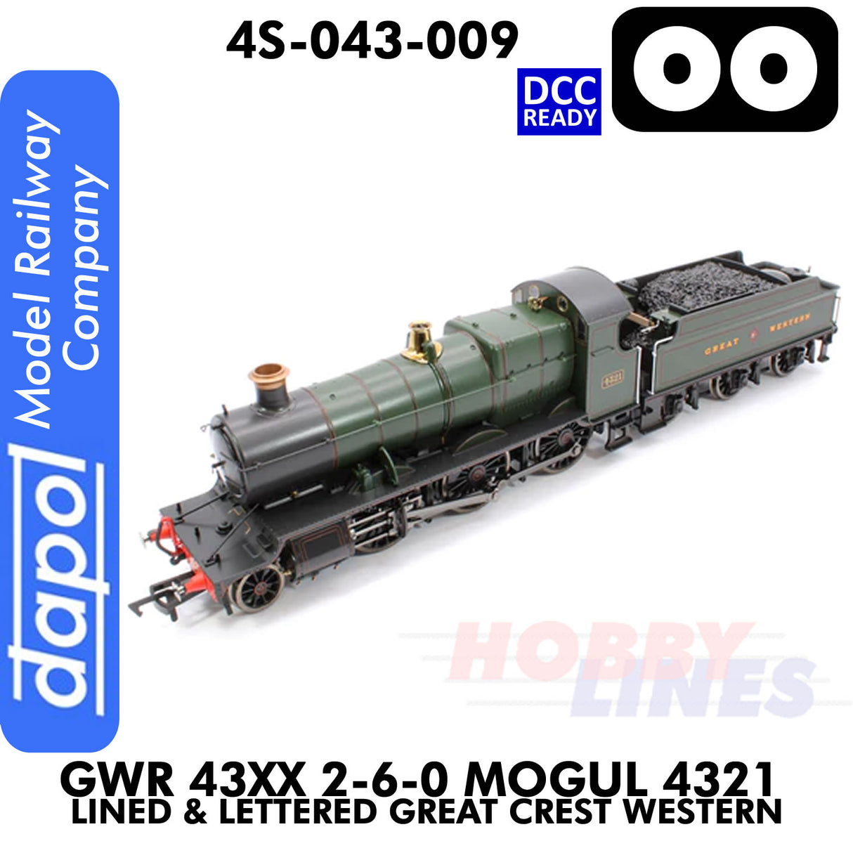 Great Western Railway - 43xx 2-6-0 Mogul 4321 Lined & Lettered Great Crest Western - DCC Ready - 1:76 OO | Dapol |  4S-043-009