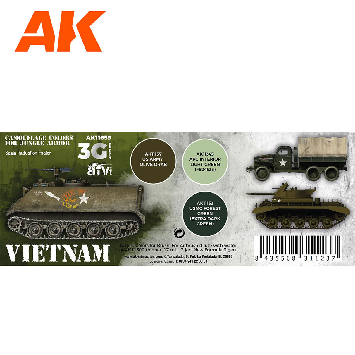 3G Special Set - Camouflage Colors for Jungle Armor - Vietnam - 3 x 17ml Acrylic Paint | AK interactive | AK11659