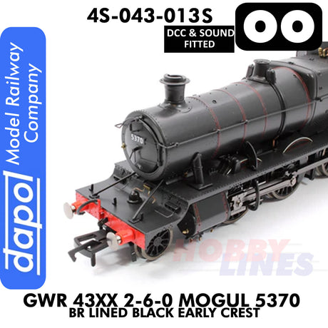 Great Western Railway - 43xx 2-6-0 Mogul 5370 BR Lined Black Early Crest - DCC & Sound - 1:76 OO | Dapol | 4S-043-013S