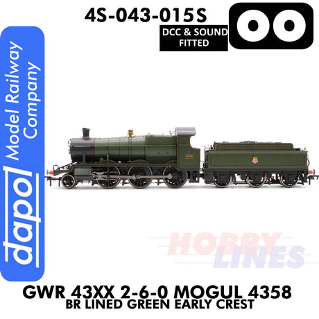 Great Western Railway - 43xx 2-6-0 Mogul 4358 BR Lined Green Early Crest - DCC & Sound - 1:76 OO | Dapol |  4S-043-015S