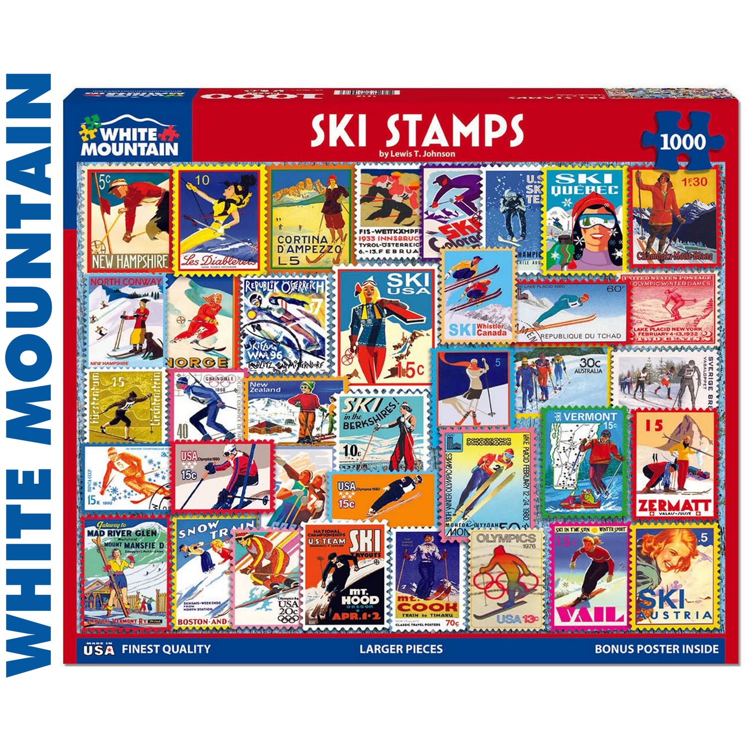 SKI STAMPS 1000 pc super deluxe Jigsaw Puzzle WHITE MOUNTAIN 1915pz