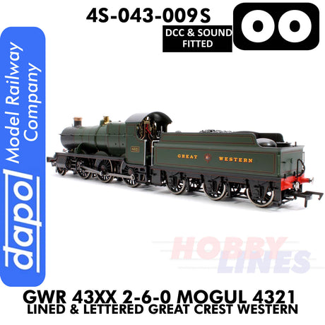 Great Western Railway - 43xx 2-6-0 Mogul 4321 Lined & Lettered Great Crest Western - DCC & Sound - 1:76 OO | Dapol | 4S-043-009S
