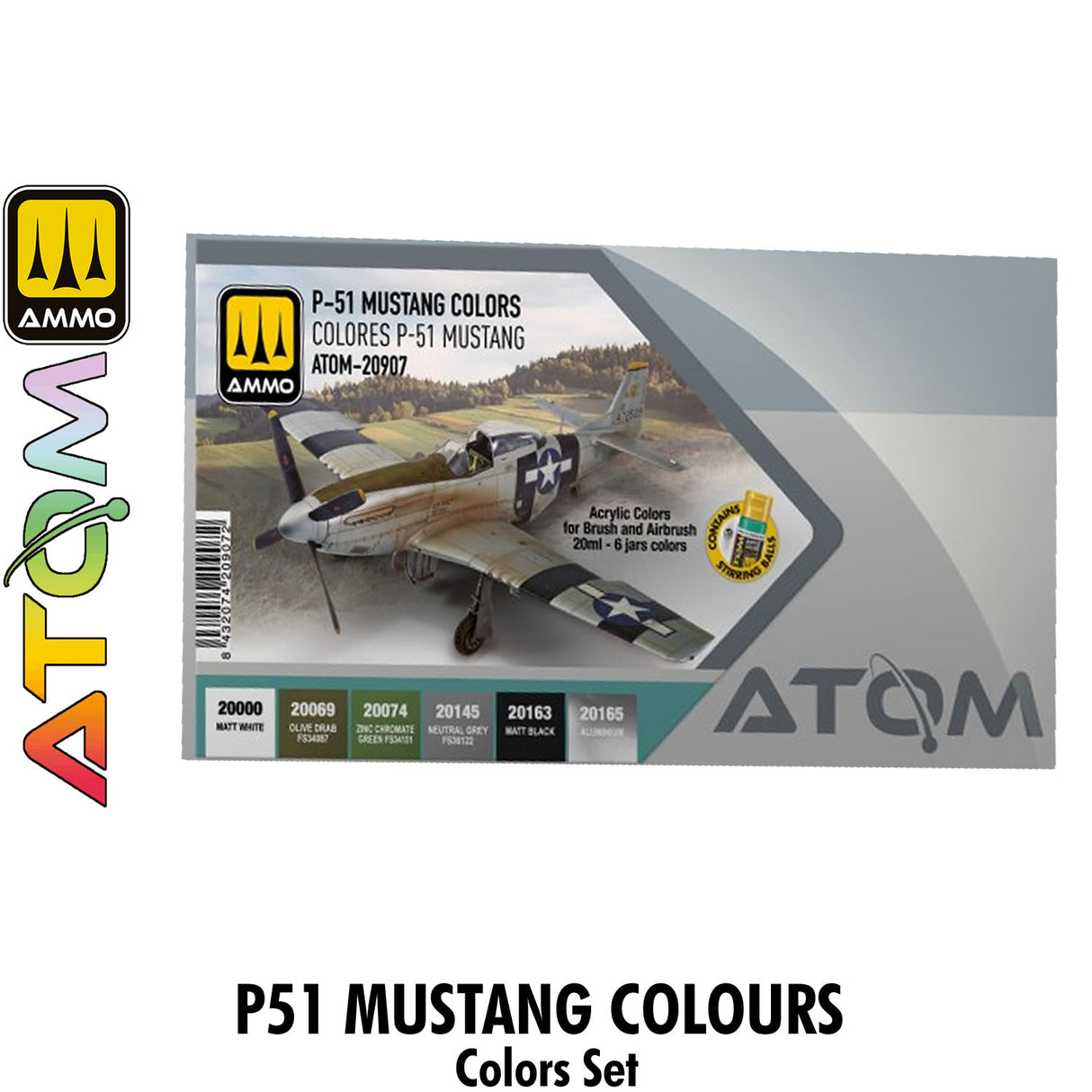 ATOM P-51 MUSTANG Colours Set - 6 20ml Acrylic Paint | Ammo by Mig Jimenez