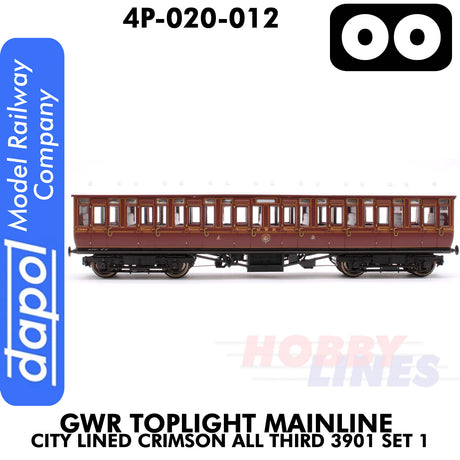 Great Western Railway -  Toplight Mainline City Lined Crimson All third 3902 Set 1 | Dapol | 4P-020-012
