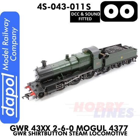 Great Western Railway -  43xx 2-6-0 Mogul 4377 Shirtbutton - DCC & Sound -1:76 OO | Dapol |  4S-043-011S