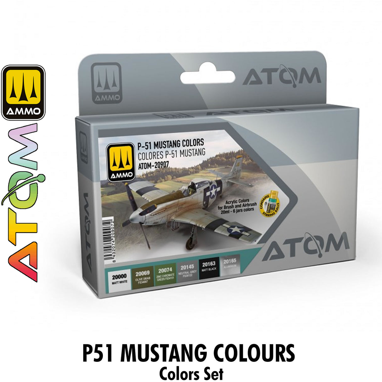 ATOM P-51 MUSTANG Colours Set - 6 20ml Acrylic Paint | Ammo by Mig Jimenez