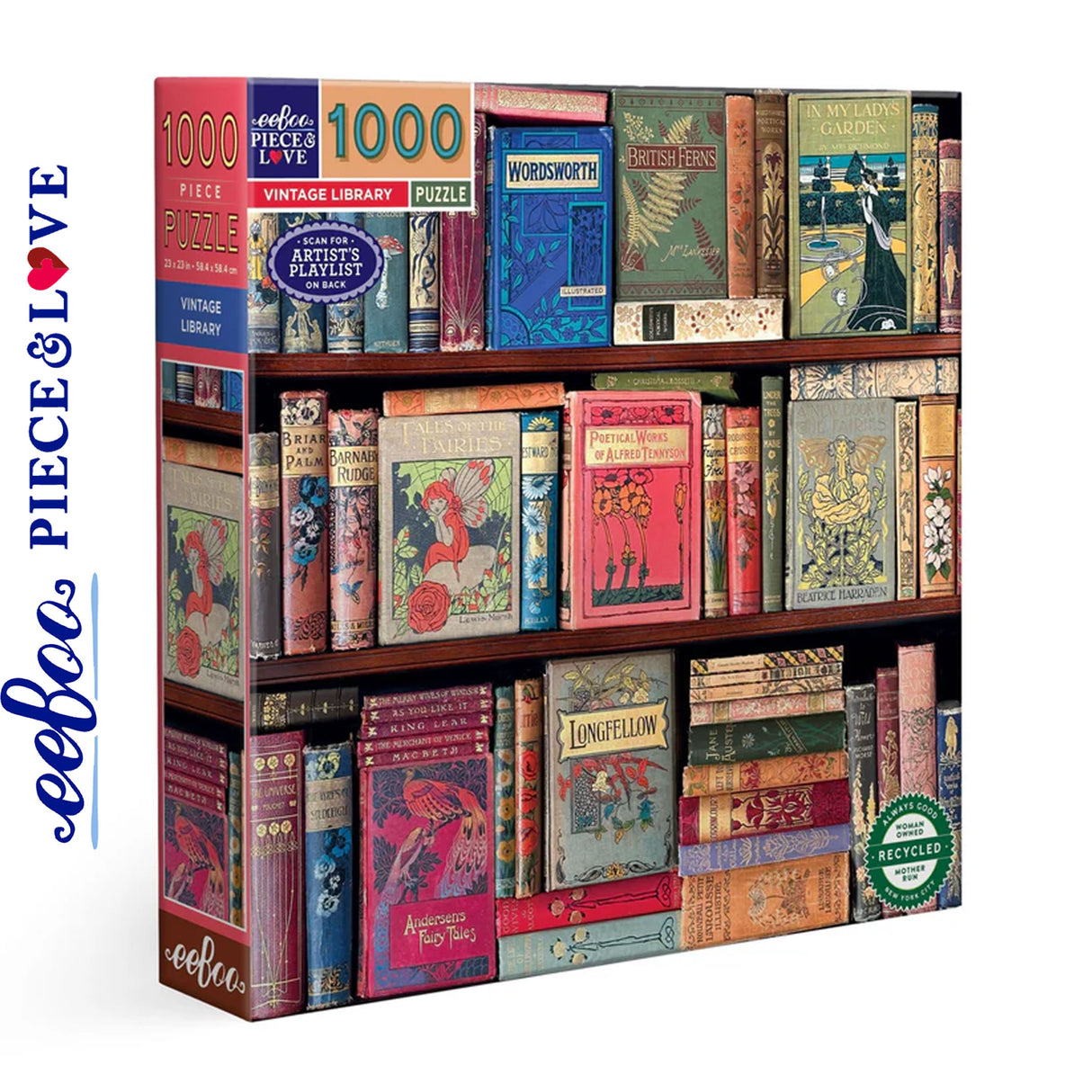 eeBoo VINTAGE LIBRARY 1000 pc Square Jigsaw Puzzle Super Deluxe PZTVTL