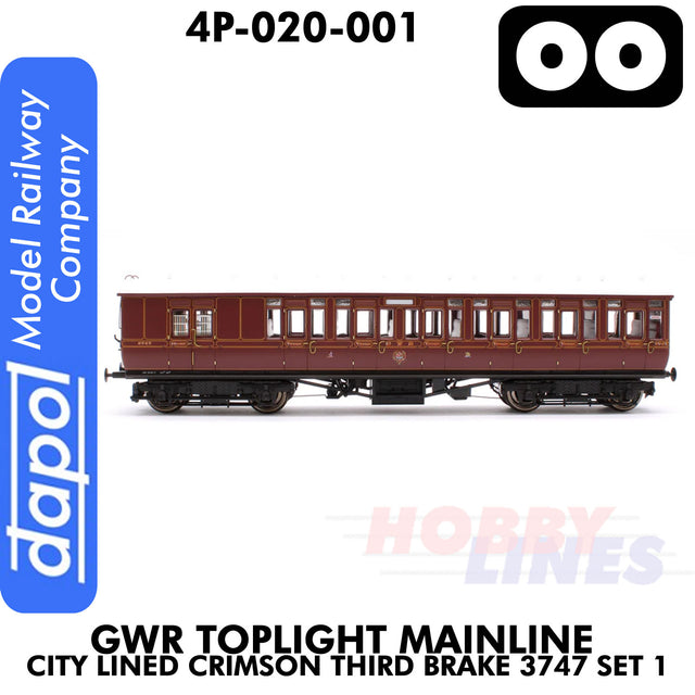 Great Western Railway -  Toplight Coach MainLine City Lined Crimson Third Brake 3747 Set 1 | Dapol | 4P-020-001