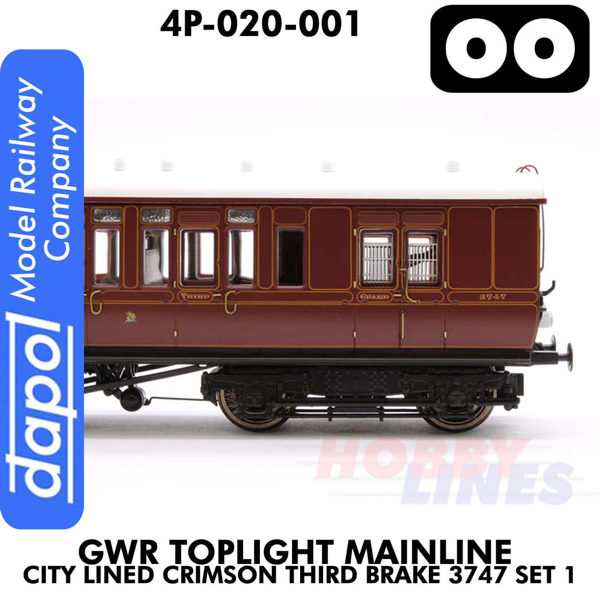 Great Western Railway -  Toplight Coach MainLine City Lined Crimson Third Brake 3747 Set 1 | Dapol | 4P-020-001