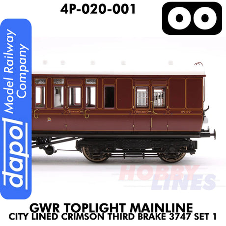 Great Western Railway -  Toplight Coach MainLine City Lined Crimson Third Brake 3747 Set 1 | Dapol | 4P-020-001