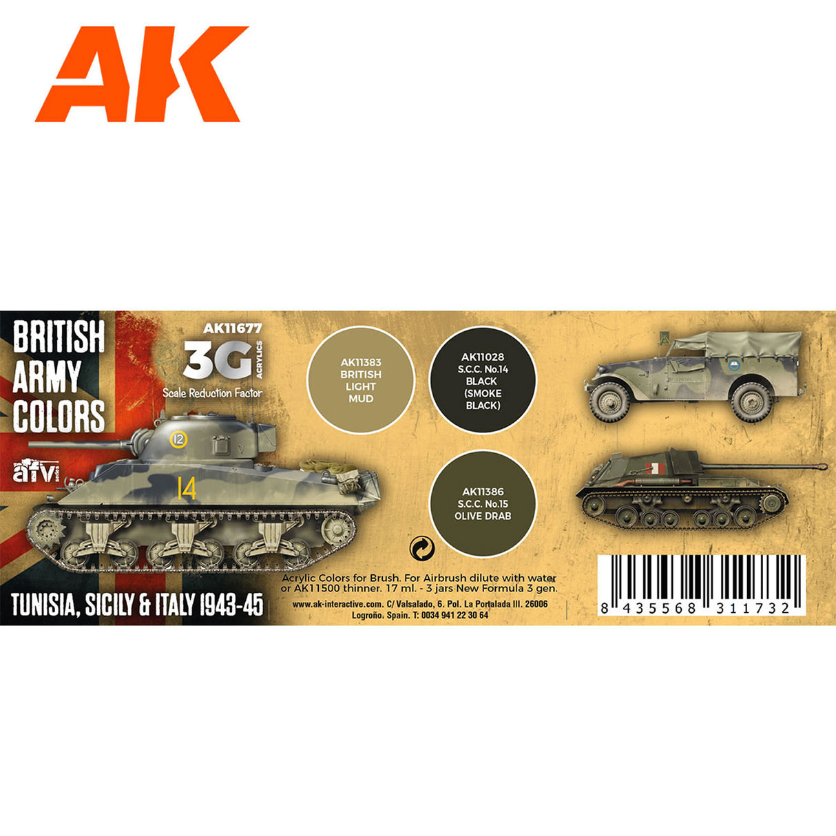 3G Special Set - British Army Colours - Tunisia, Sicily and Italy 1943-45 - 3 x 17ml Acrylic Paint | AK interactive | AK11677