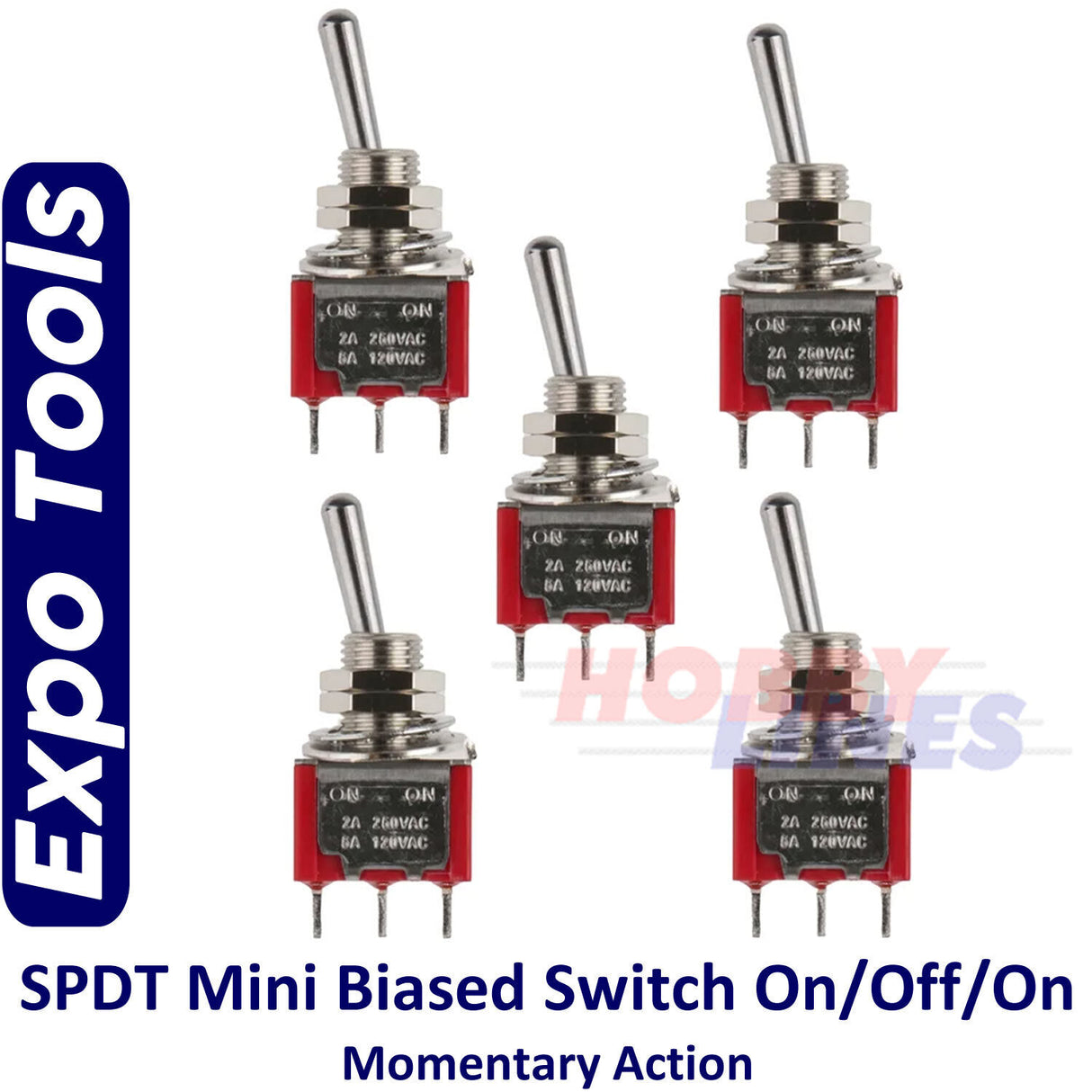 SWITCH SPDT Biased 3 position Momentary Action ON-OFF-ON Mini 5pk EXPO A28015