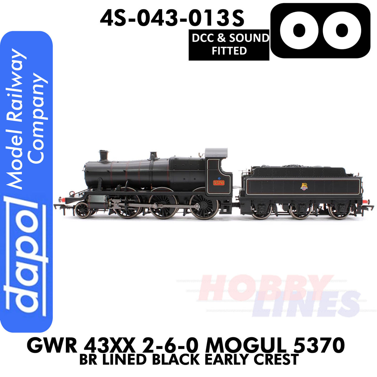 Great Western Railway - 43xx 2-6-0 Mogul 5370 BR Lined Black Early Crest - DCC & Sound - 1:76 OO | Dapol | 4S-043-013S