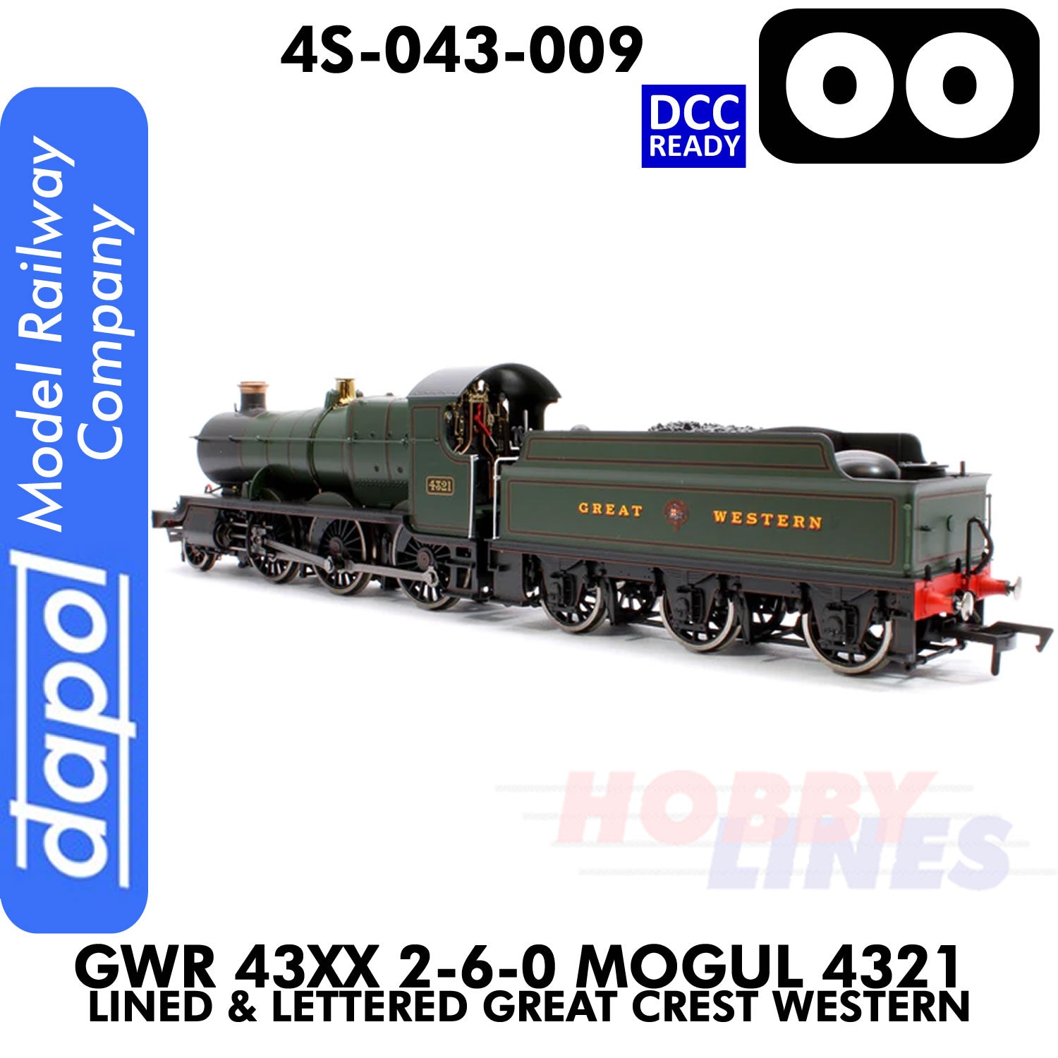 Great Western Railway - 43xx 2-6-0 Mogul 4321 Lined & Lettered Great Crest Western - DCC Ready - 1:76 OO | Dapol |  4S-043-009