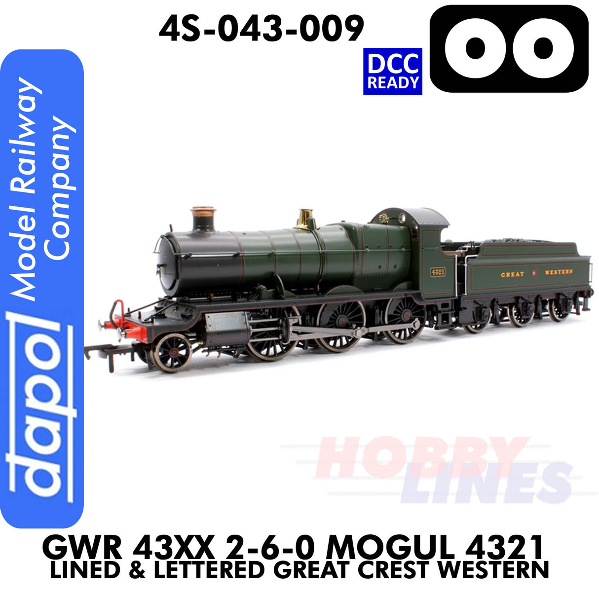 Great Western Railway - 43xx 2-6-0 Mogul 4321 Lined & Lettered Great Crest Western - DCC Ready - 1:76 OO | Dapol |  4S-043-009