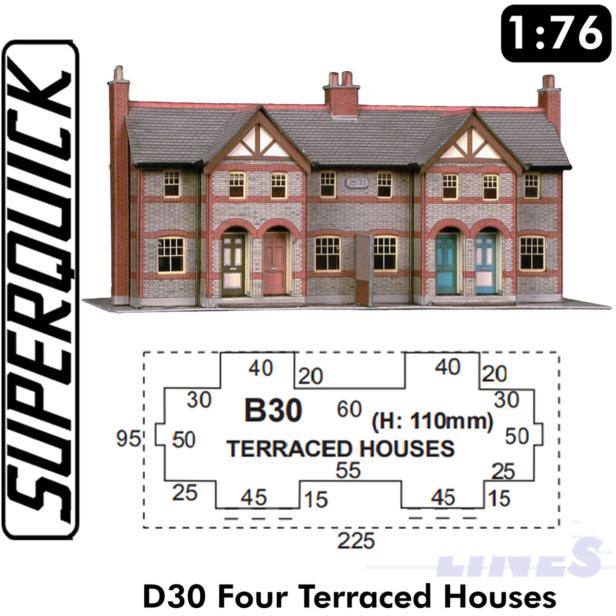 FOUR TERRACED HOUSES 1:72 OO HO Gauge Railway Building Series B B30 SuperQuick