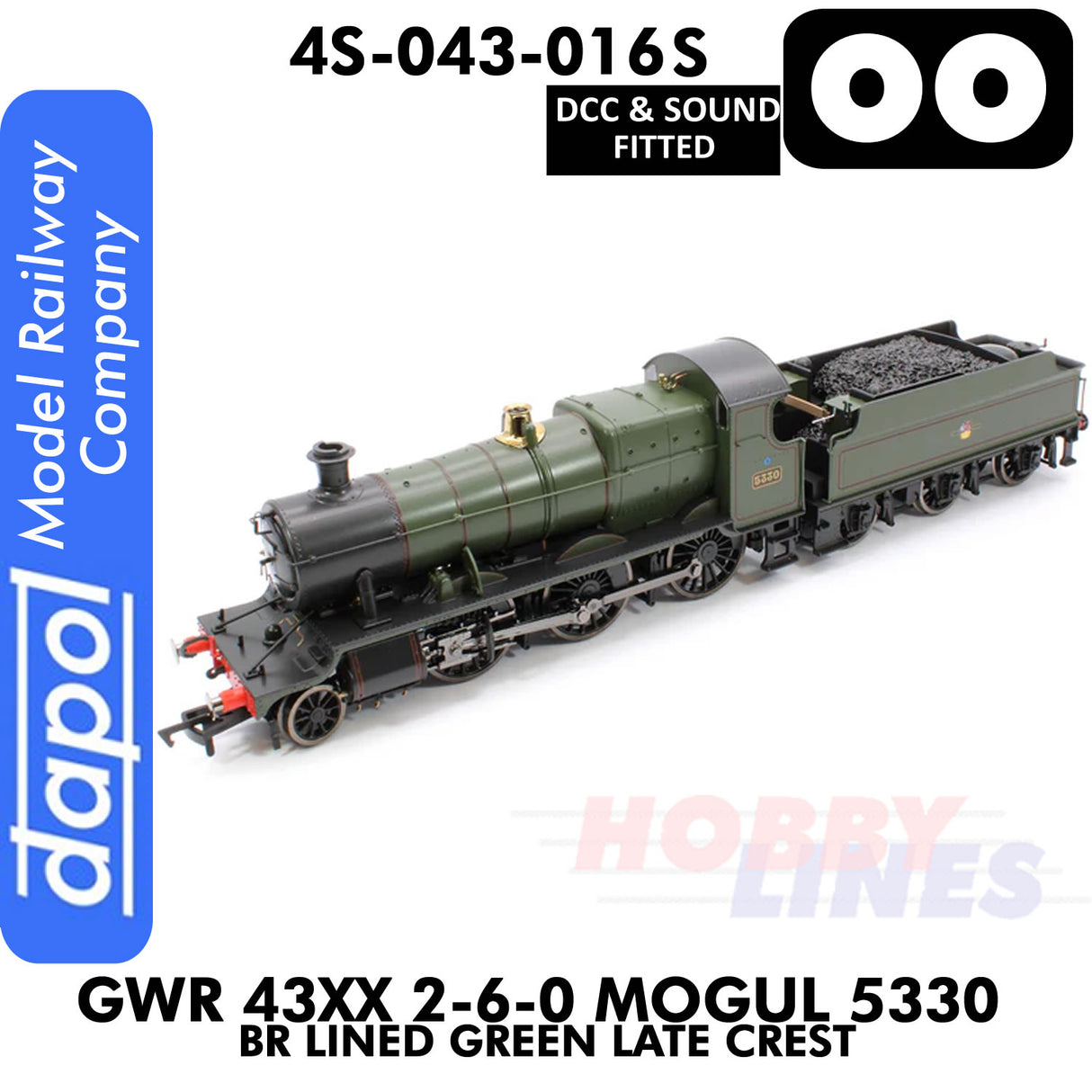 Great Western Railway - 43xx 2-6-0 Mogul 5330 BR Lined Green Late Crest -   DCC & Sound - 1:76 OO | Dapol | 4S-043-016S