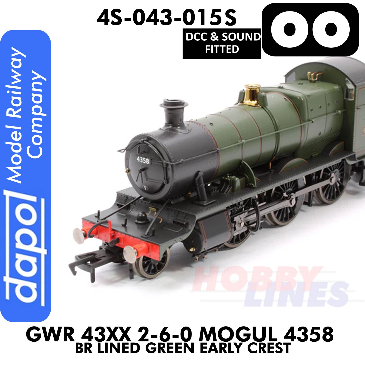 Great Western Railway - 43xx 2-6-0 Mogul 4358 BR Lined Green Early Crest - DCC & Sound - 1:76 OO | Dapol |  4S-043-015S