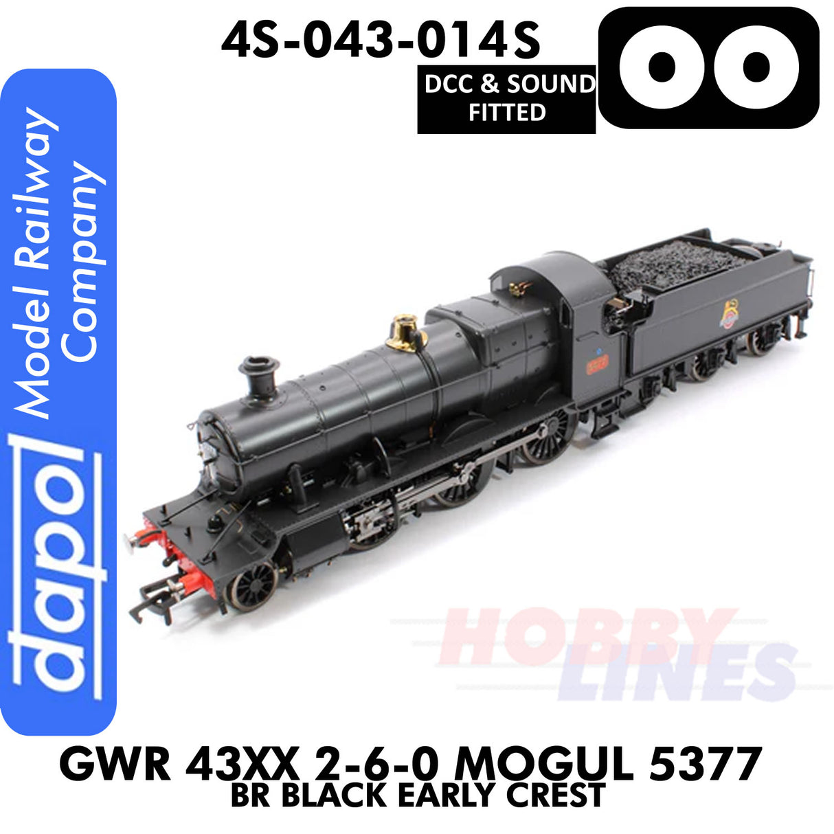 Great Western Railway -  43xx 2-6-0 Mogul 5377 BR Black Early Crest - DCC & Sound - 1:76 OO | Dapol | 4S-043-014S