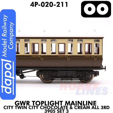 Great Western Railway - Toplight Coach MainLine Chocolate & Cream All 3rd 3905 Set 3 | Dapol | 4P-020-211
