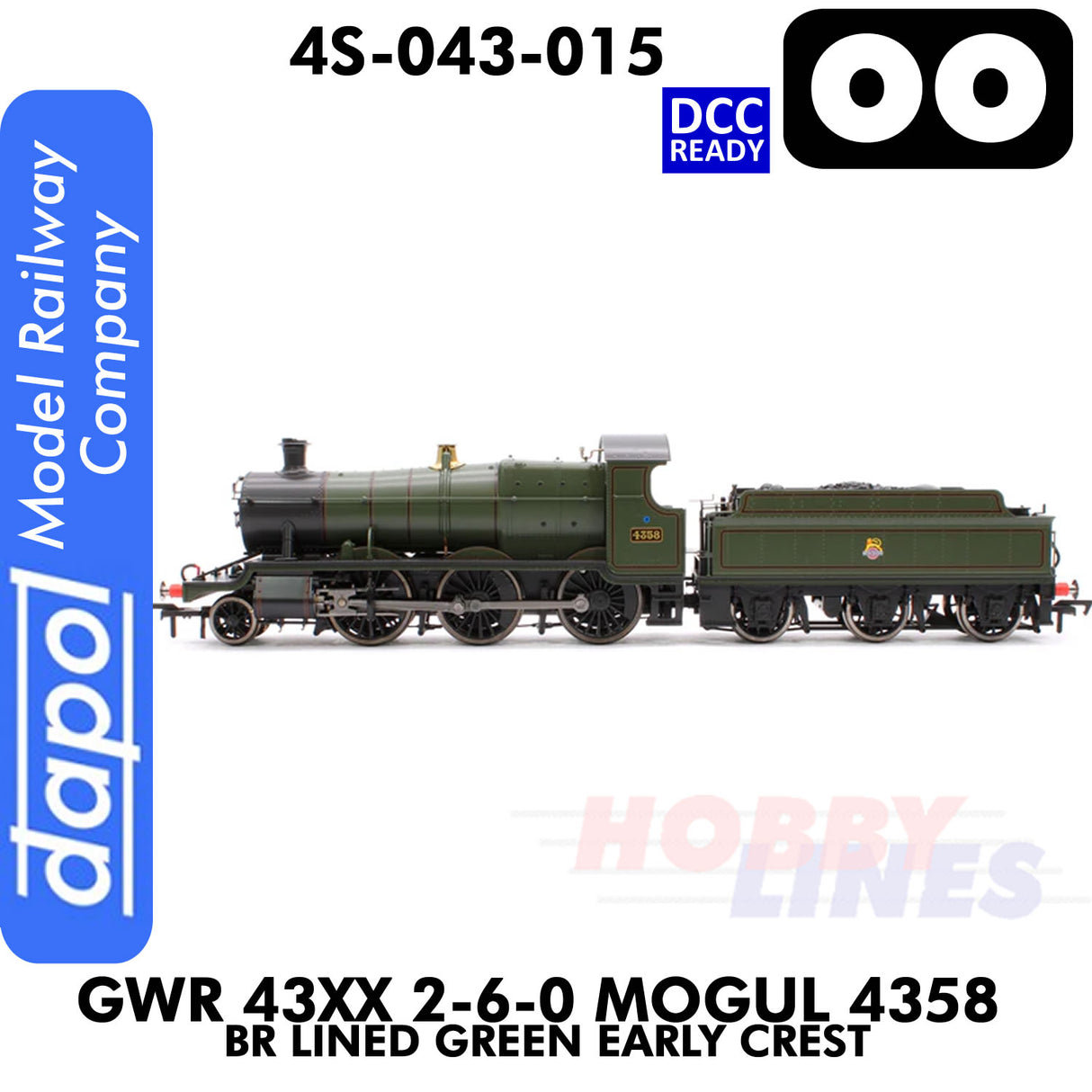 Great Western Railway - 43xx 2-6-0 Mogul 4358 BR Lined Green Early Crest - DCC Ready - 1:76 OO | Dapol | 4S-043-015