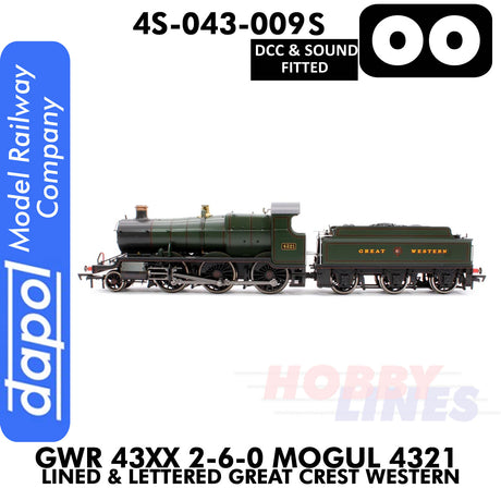 Great Western Railway - 43xx 2-6-0 Mogul 4321 Lined & Lettered Great Crest Western - DCC & Sound - 1:76 OO | Dapol | 4S-043-009S