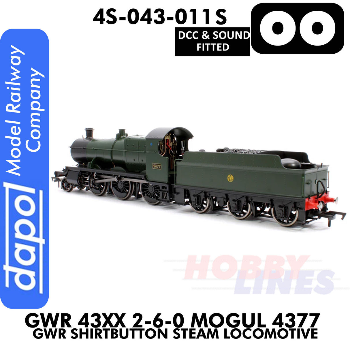 Great Western Railway -  43xx 2-6-0 Mogul 4377 Shirtbutton - DCC & Sound -1:76 OO | Dapol |  4S-043-011S