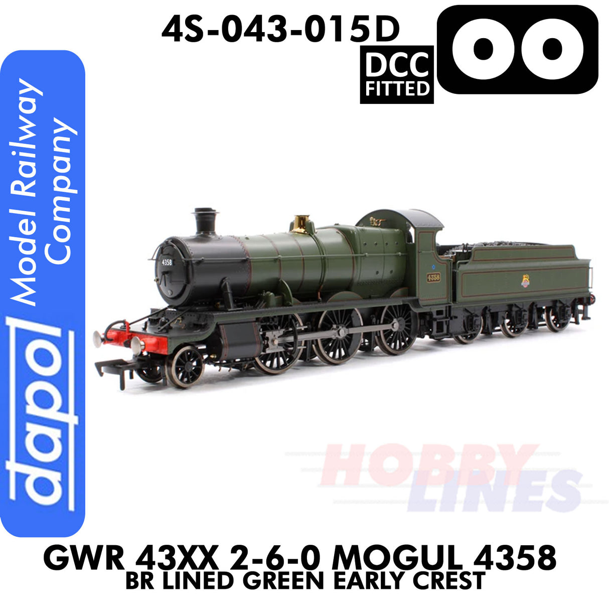 Great Western Railway -  43xx 2-6-0 Mogul 4358 BR Lined Green Early Crest -  DCC -1:76 OO | Dapol | 4S-043-015D