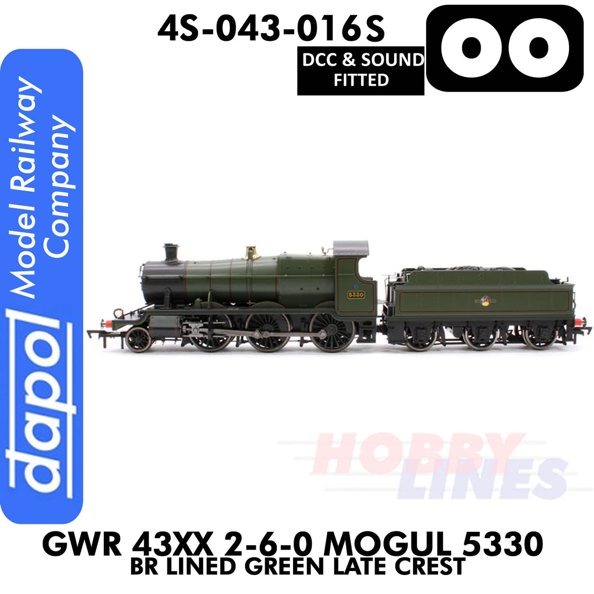Great Western Railway - 43xx 2-6-0 Mogul 5330 BR Lined Green Late Crest -   DCC & Sound - 1:76 OO | Dapol | 4S-043-016S