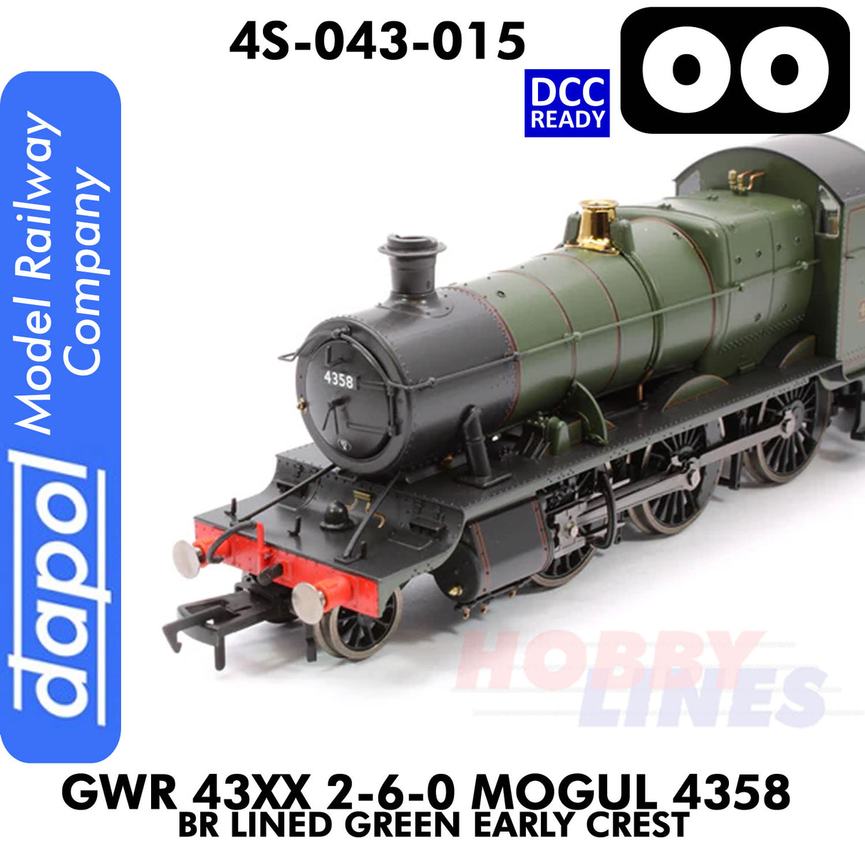 Great Western Railway - 43xx 2-6-0 Mogul 4358 BR Lined Green Early Crest - DCC Ready - 1:76 OO | Dapol | 4S-043-015