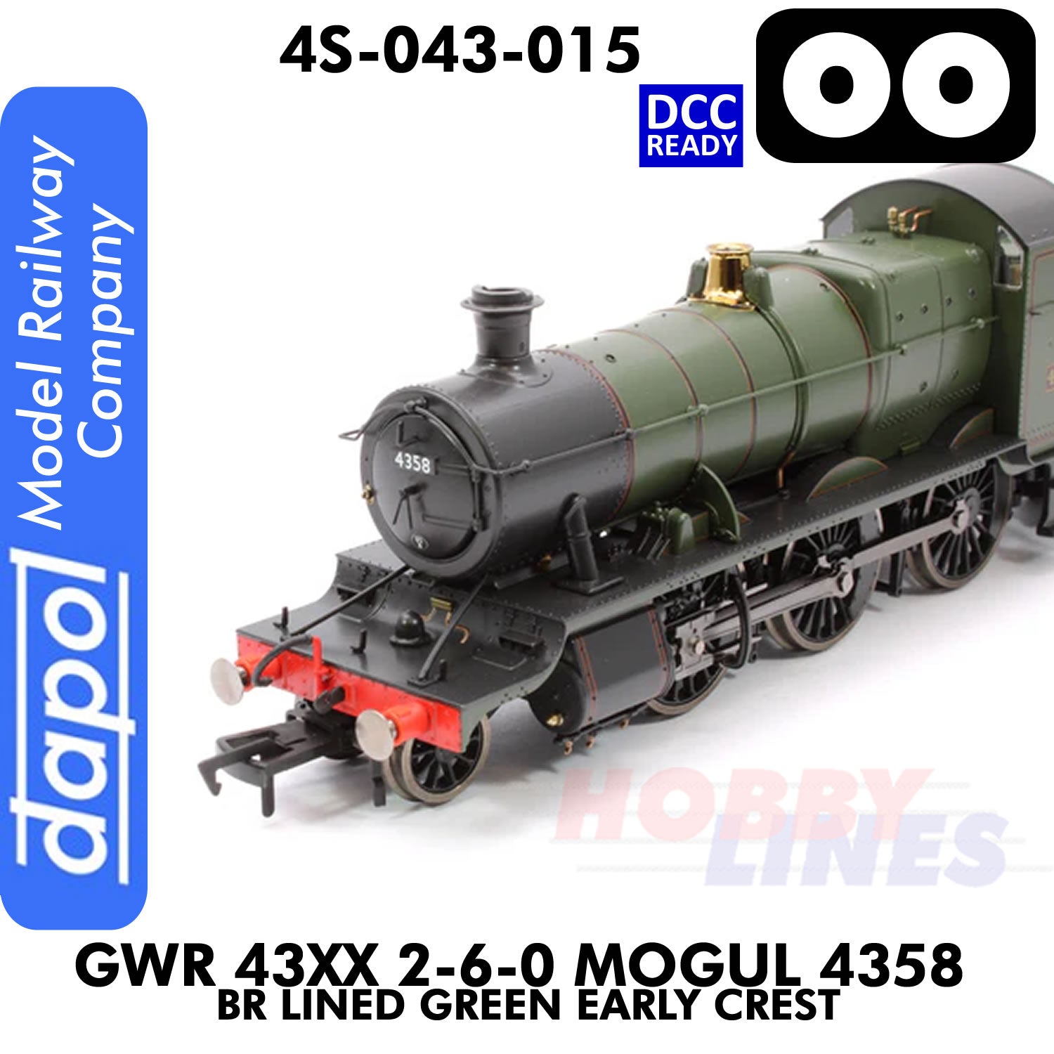 Great Western Railway - 43xx 2-6-0 Mogul 4358 BR Lined Green Early Crest - DCC Ready - 1:76 OO | Dapol | 4S-043-015