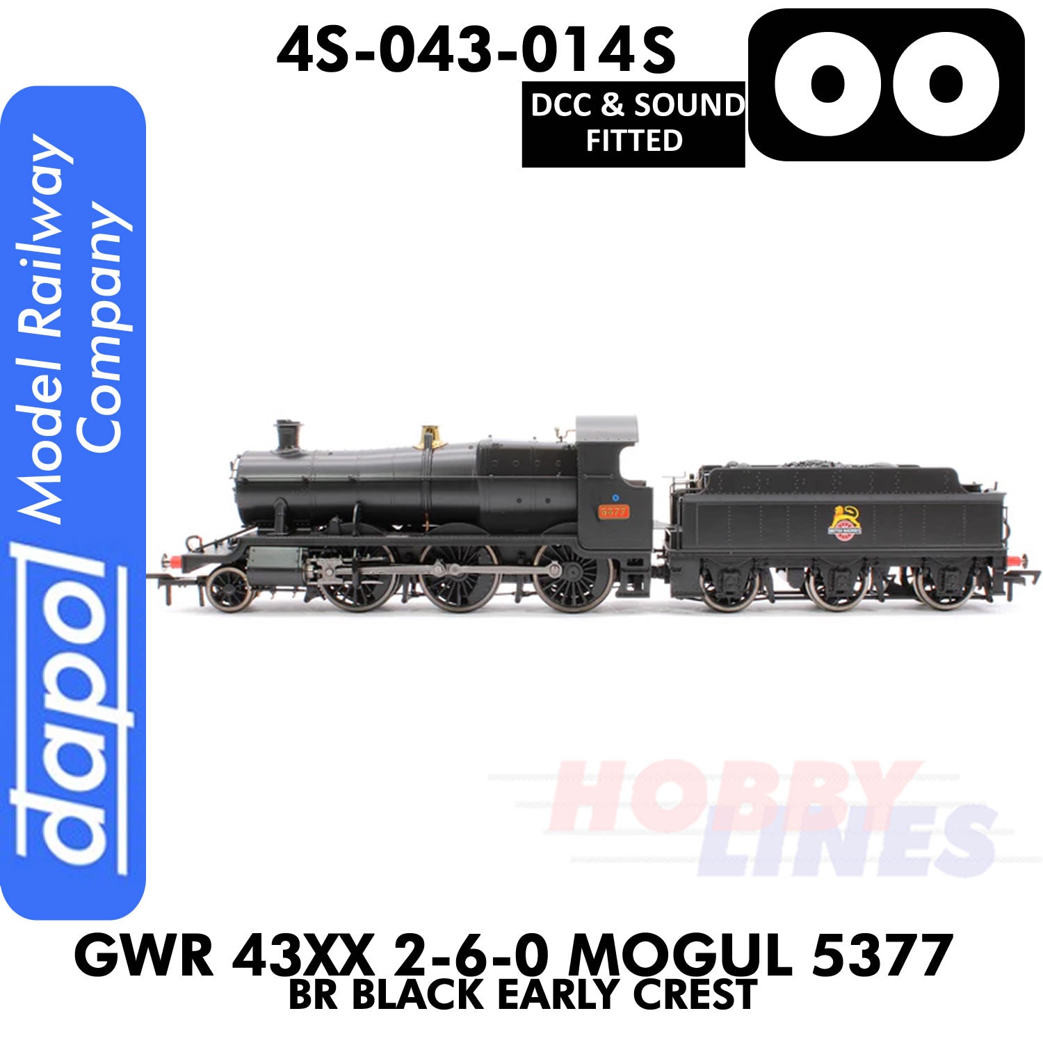 Great Western Railway -  43xx 2-6-0 Mogul 5377 BR Black Early Crest - DCC & Sound - 1:76 OO | Dapol | 4S-043-014S