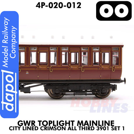 Great Western Railway -  Toplight Mainline City Lined Crimson All third 3902 Set 1 | Dapol | 4P-020-012