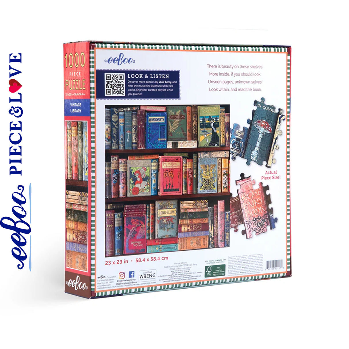eeBoo VINTAGE LIBRARY 1000 pc Square Jigsaw Puzzle Super Deluxe PZTVTL