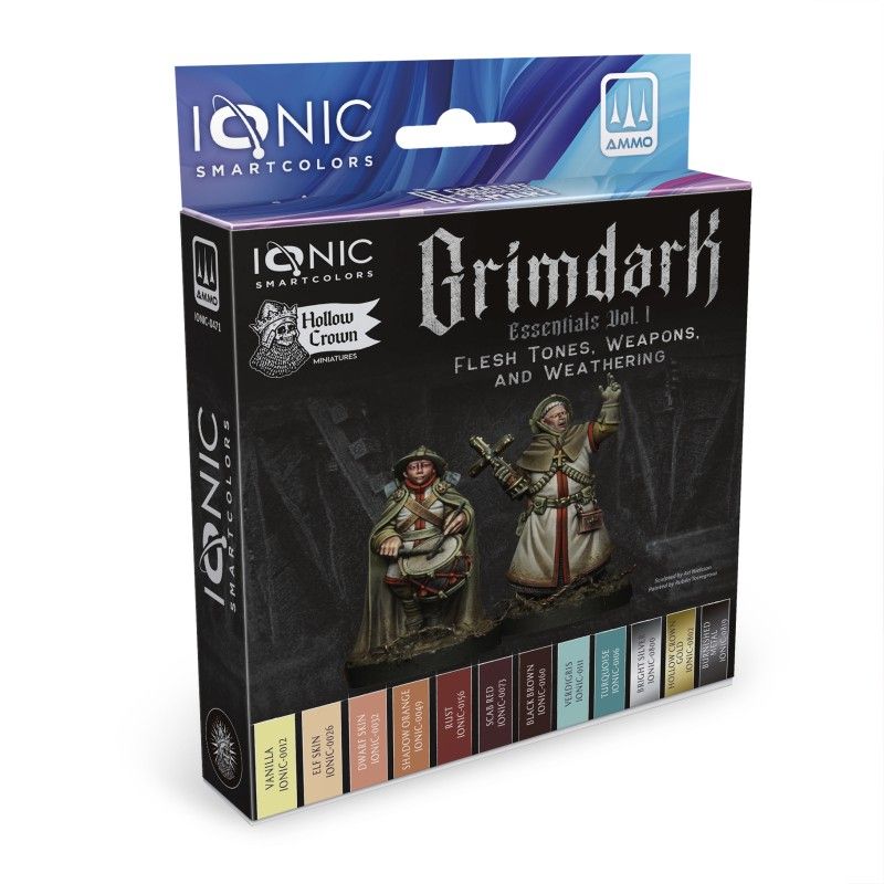 Acrylic Paint Set - Grimdark Essentials Vol. 1 – Flesh Tones, Weapons, and Weathering - 12 x 20ml | IONIC | IONIC0471
