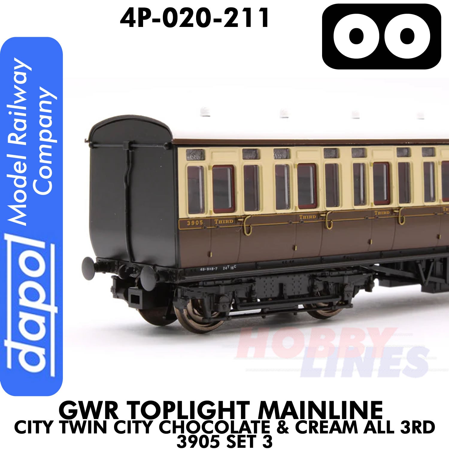Great Western Railway - Toplight Coach MainLine Chocolate & Cream All 3rd 3905 Set 3 | Dapol | 4P-020-211