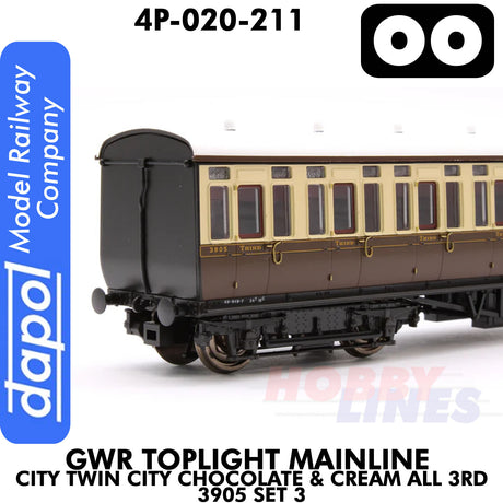 Great Western Railway - Toplight Coach MainLine Chocolate & Cream All 3rd 3905 Set 3 | Dapol | 4P-020-211