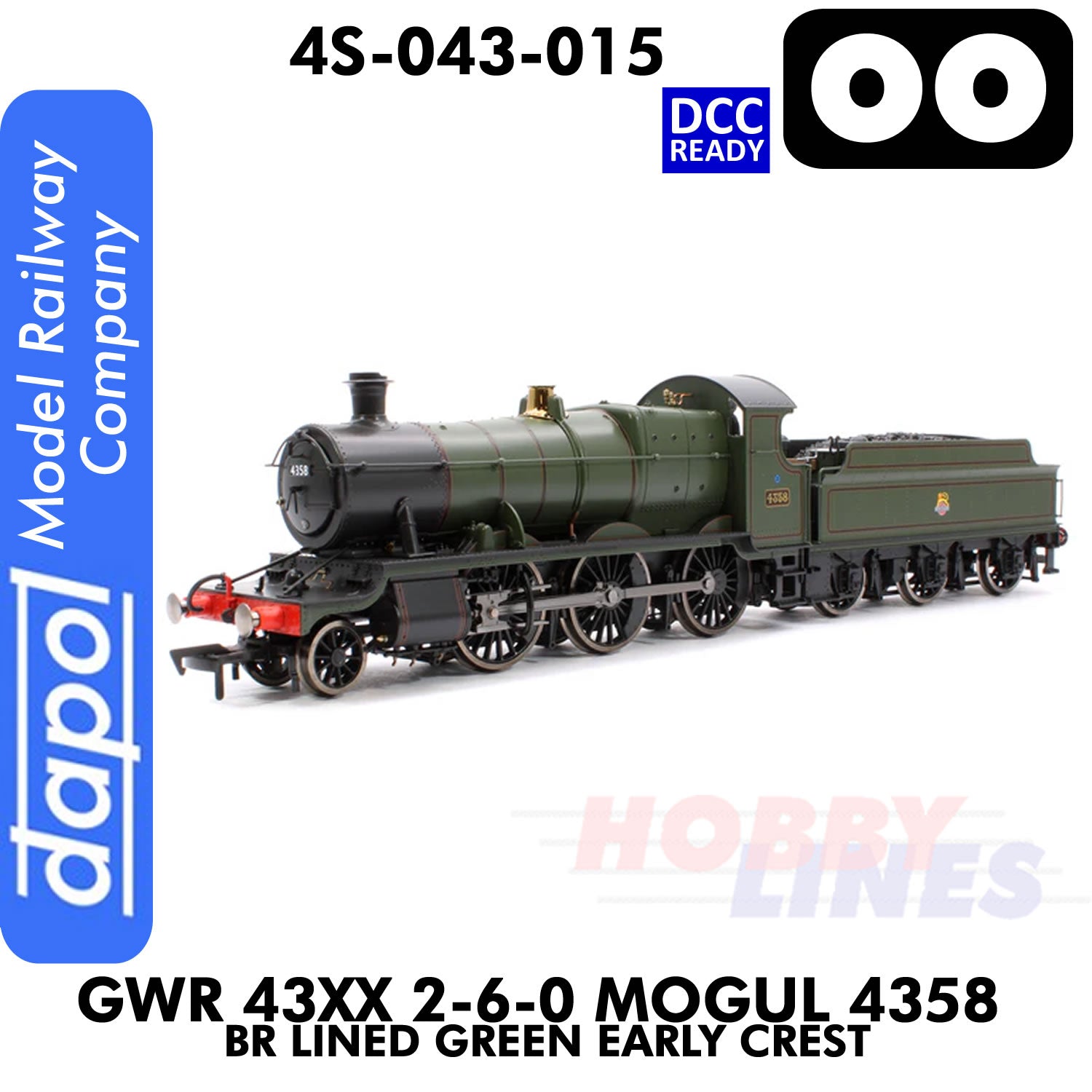 Great Western Railway - 43xx 2-6-0 Mogul 4358 BR Lined Green Early Crest - DCC Ready - 1:76 OO | Dapol | 4S-043-015