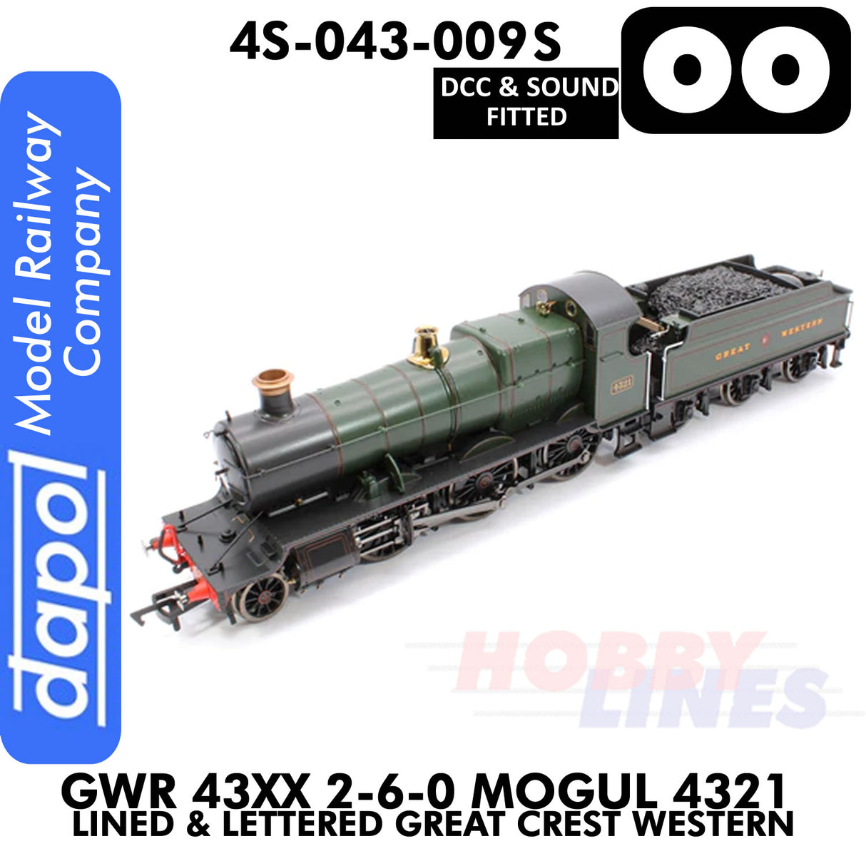 Great Western Railway - 43xx 2-6-0 Mogul 4321 Lined & Lettered Great Crest Western - DCC & Sound - 1:76 OO | Dapol | 4S-043-009S