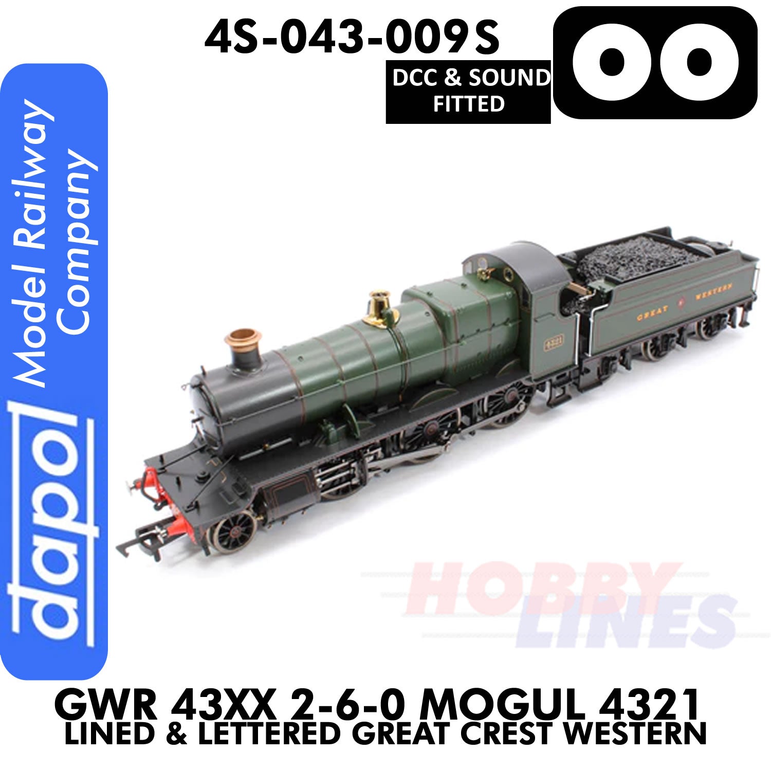 Great Western Railway - 43xx 2-6-0 Mogul 4321 Lined & Lettered Great Crest Western - DCC & Sound - 1:76 OO | Dapol | 4S-043-009S