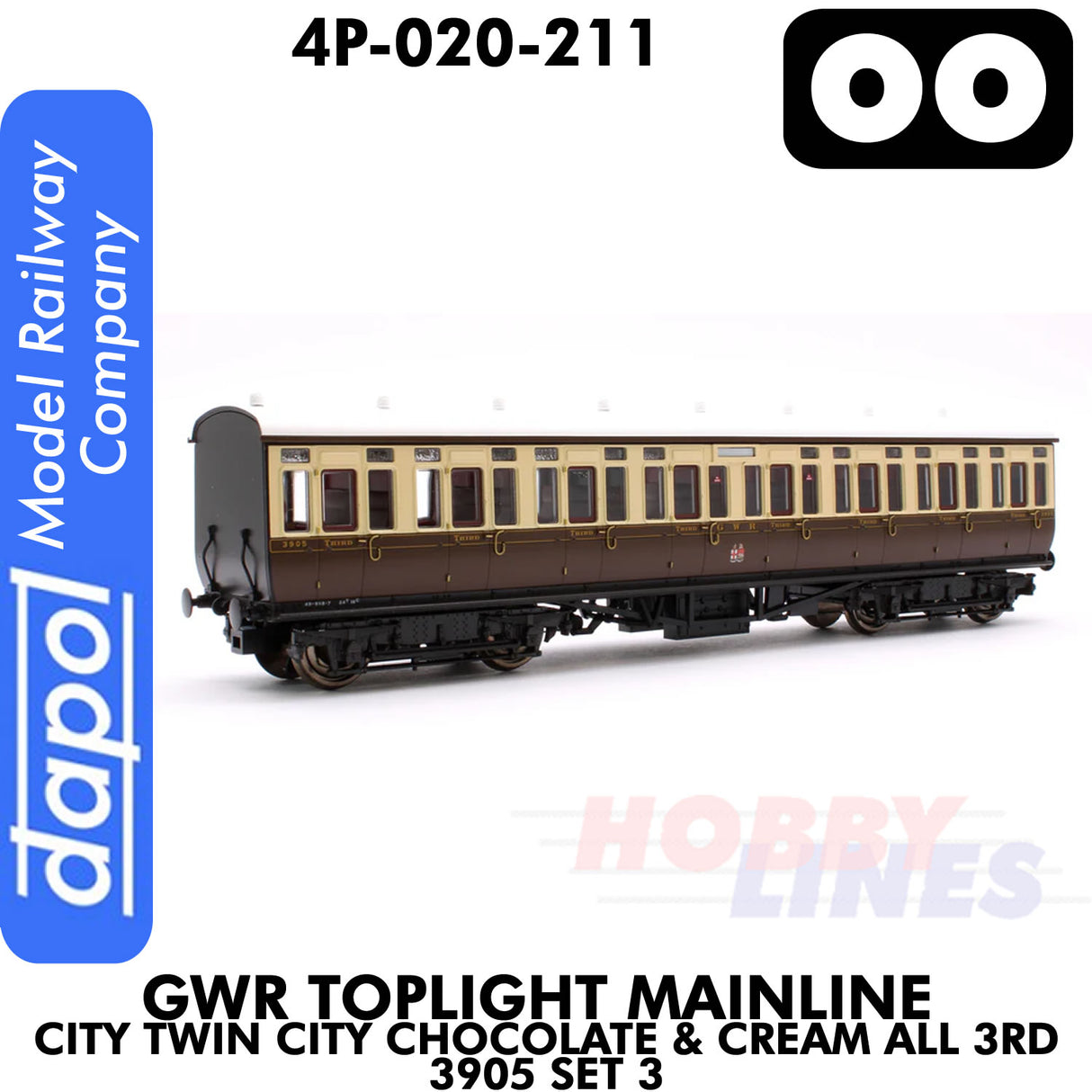 Great Western Railway - Toplight Coach MainLine Chocolate & Cream All 3rd 3905 Set 3 | Dapol | 4P-020-211