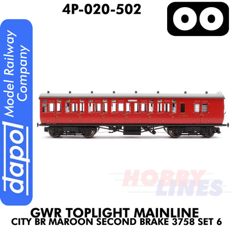 Great Western Railway - Toplight Coach MainLine City BR Maroon 2nd Brake 3758 Set 6 | Dapol | 4P-020-502