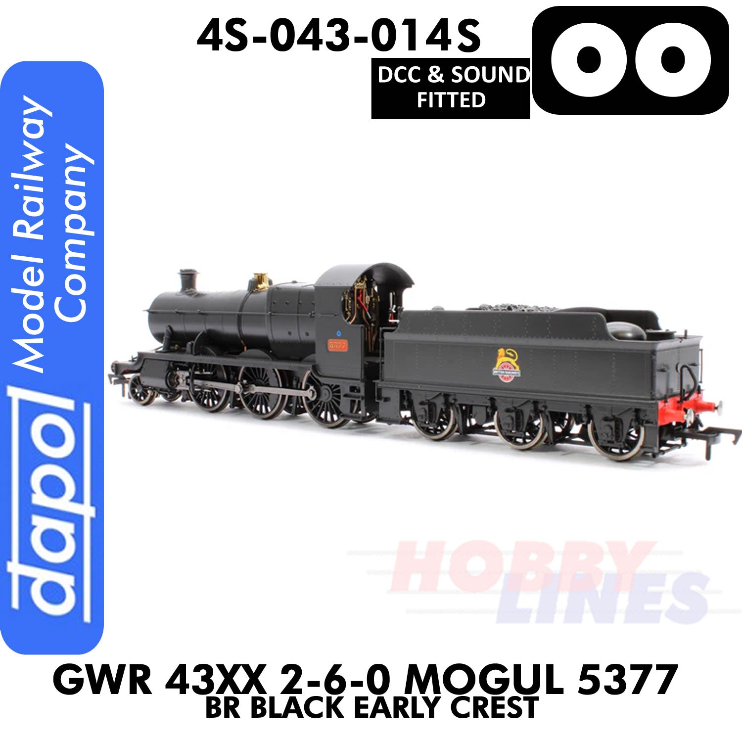 Great Western Railway -  43xx 2-6-0 Mogul 5377 BR Black Early Crest - DCC & Sound - 1:76 OO | Dapol | 4S-043-014S