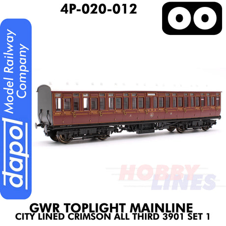 Great Western Railway -  Toplight Mainline City Lined Crimson All third 3902 Set 1 | Dapol | 4P-020-012