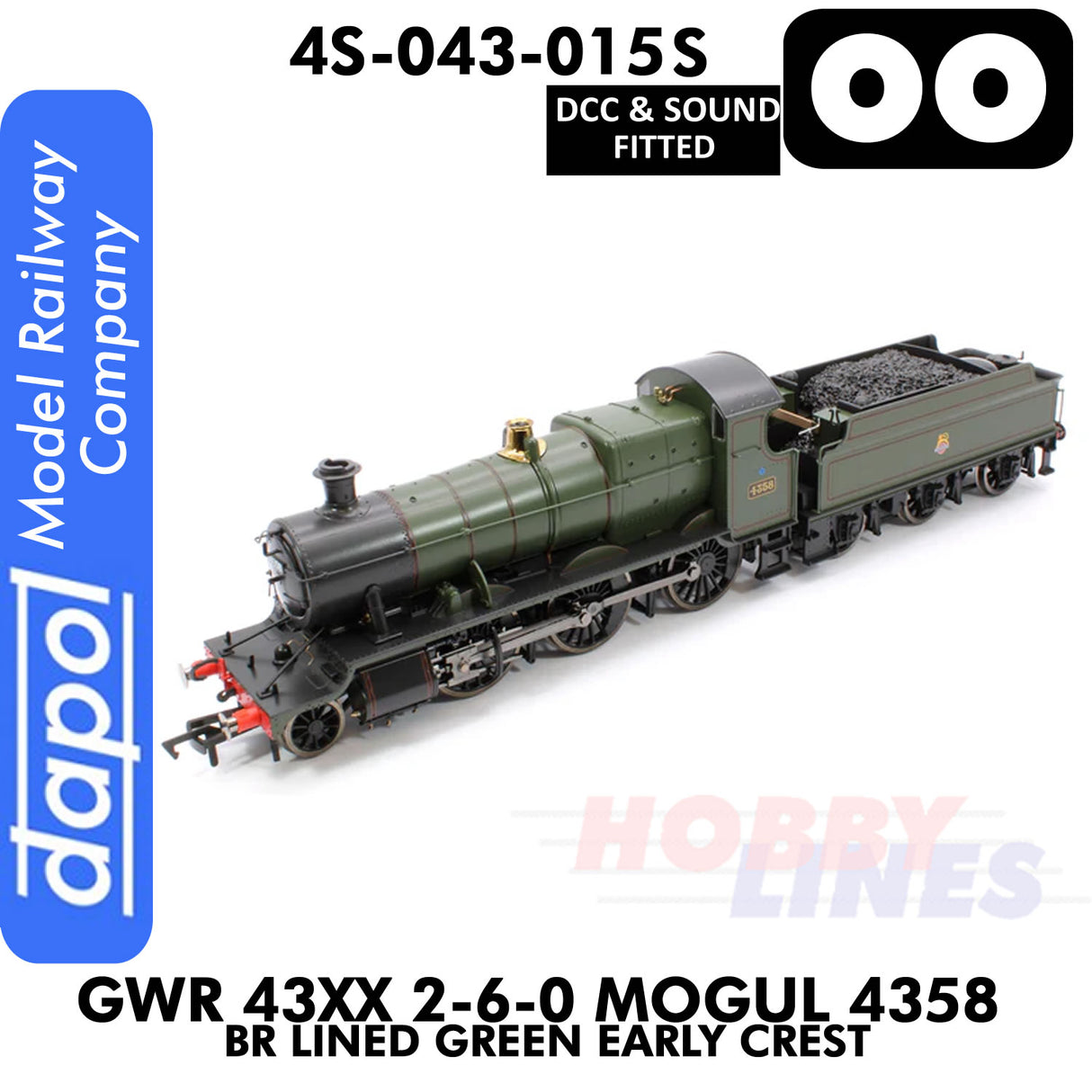 Great Western Railway - 43xx 2-6-0 Mogul 4358 BR Lined Green Early Crest - DCC & Sound - 1:76 OO | Dapol |  4S-043-015S