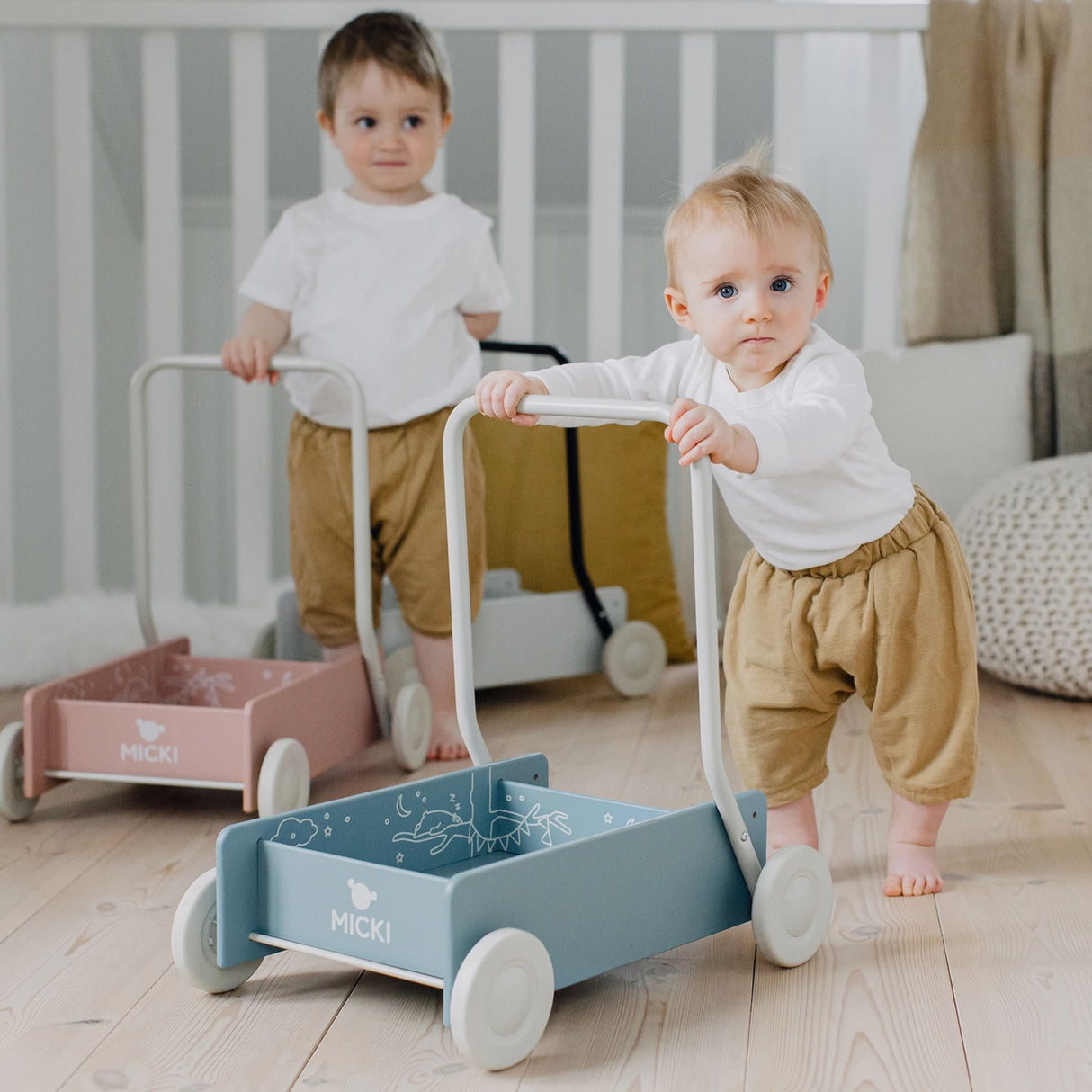 BABY WALKER BLUE Adjustable handle & Wheel brake wooden MICKI 10-2216-00