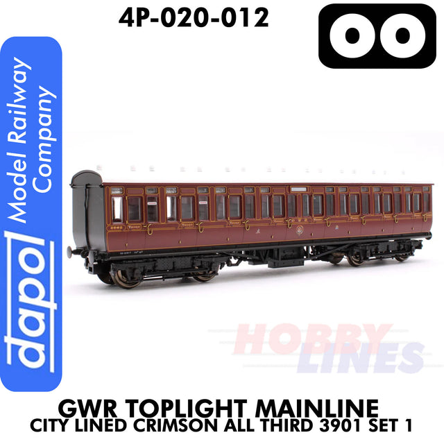 Great Western Railway -  Toplight Mainline City Lined Crimson All third 3902 Set 1 | Dapol | 4P-020-012