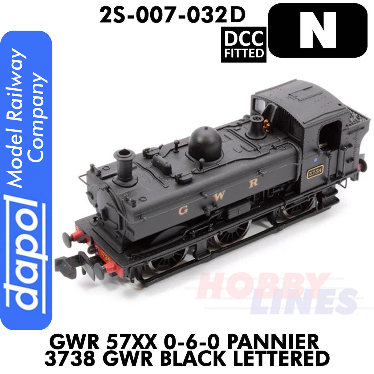 Great Western Railway - 57 XX 0-6-0 Pannier 3738 Black lettered - DCC Fitted | Dapol | 2S-007-032D