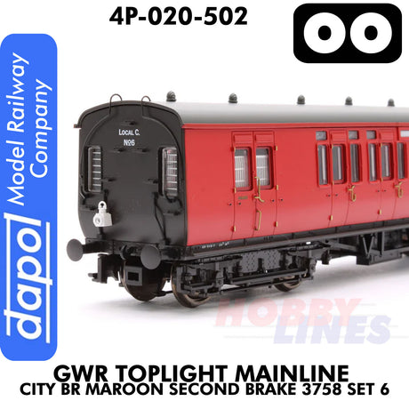 Great Western Railway - Toplight Coach MainLine City BR Maroon 2nd Brake 3758 Set 6 | Dapol | 4P-020-502